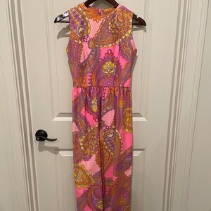 VINTAGE Bright Pink Paisley XS Maxi Dress Matching Hot Pants Shorts 60s or 70s